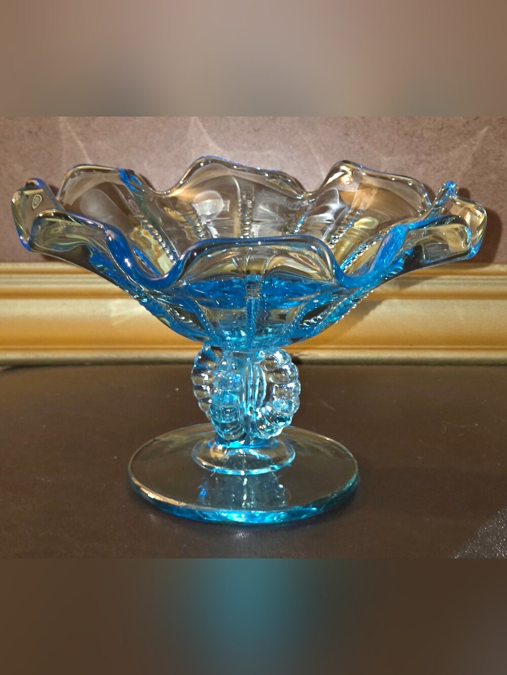 Vintage Northwood Beaded Panel Blue Footed Glass Compote